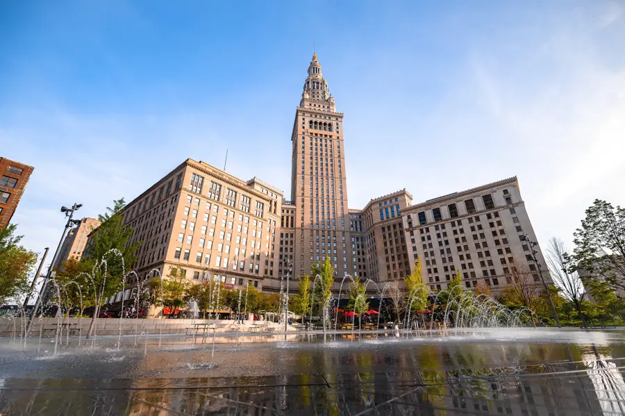 Terminal Tower rising over Public Square in Cleveland