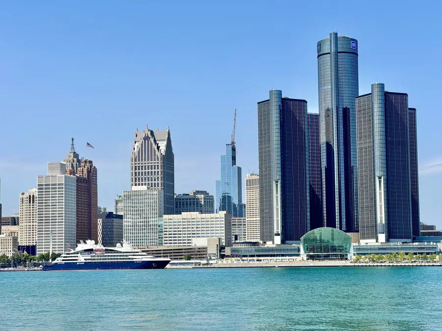 The Detroit skyline and the Renaissance Center from across the river